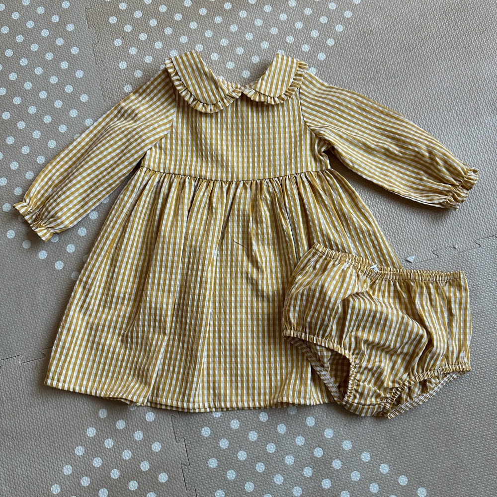 Yellow seersucker dress & bloomers 18M